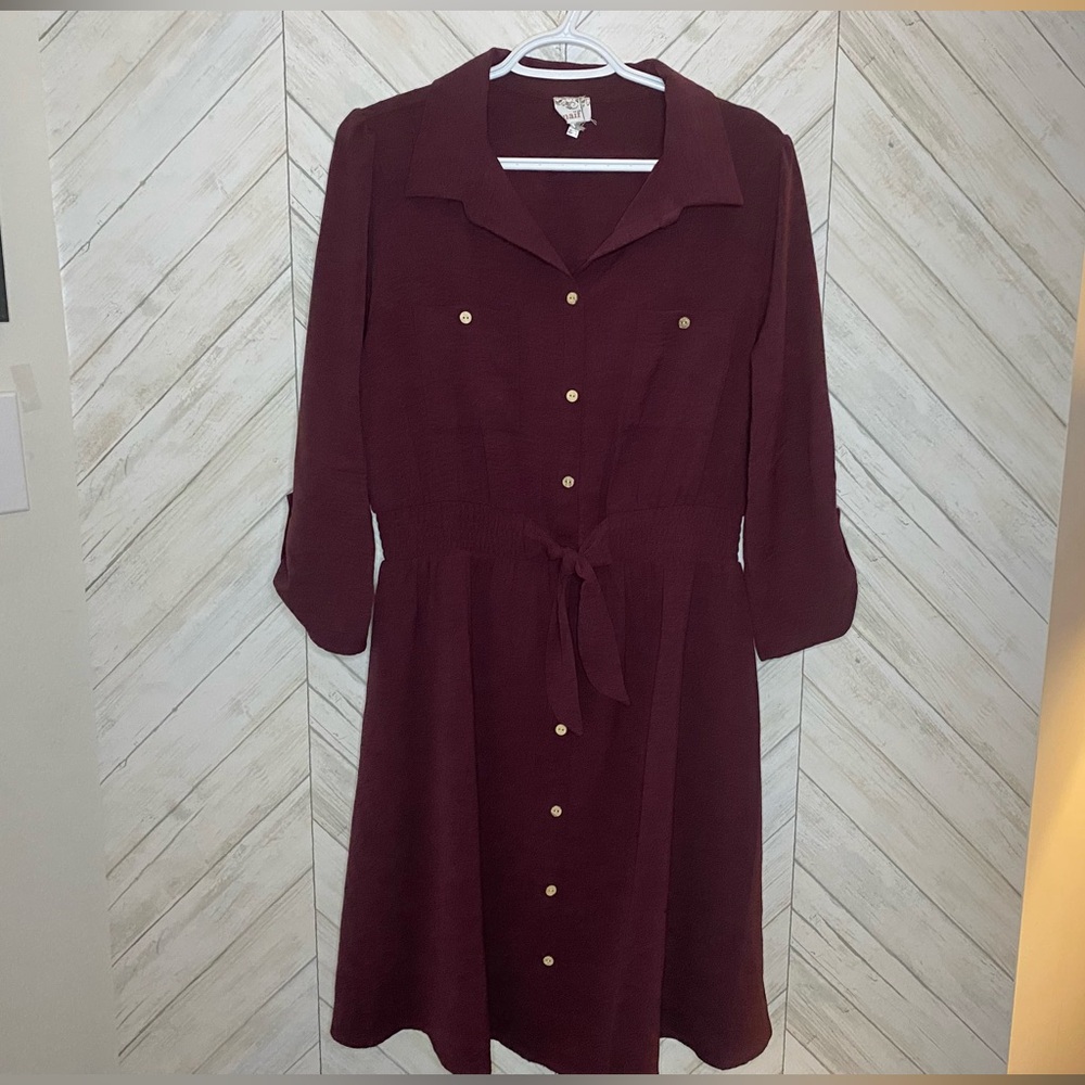 NAIF Burgundy Long Sleeve Dress with Gold Buttons